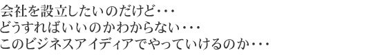 会社を設立したいのだけど・・・どうすればいいのかわからない・・・このビジネスアイディアでやっていけるのか・・・